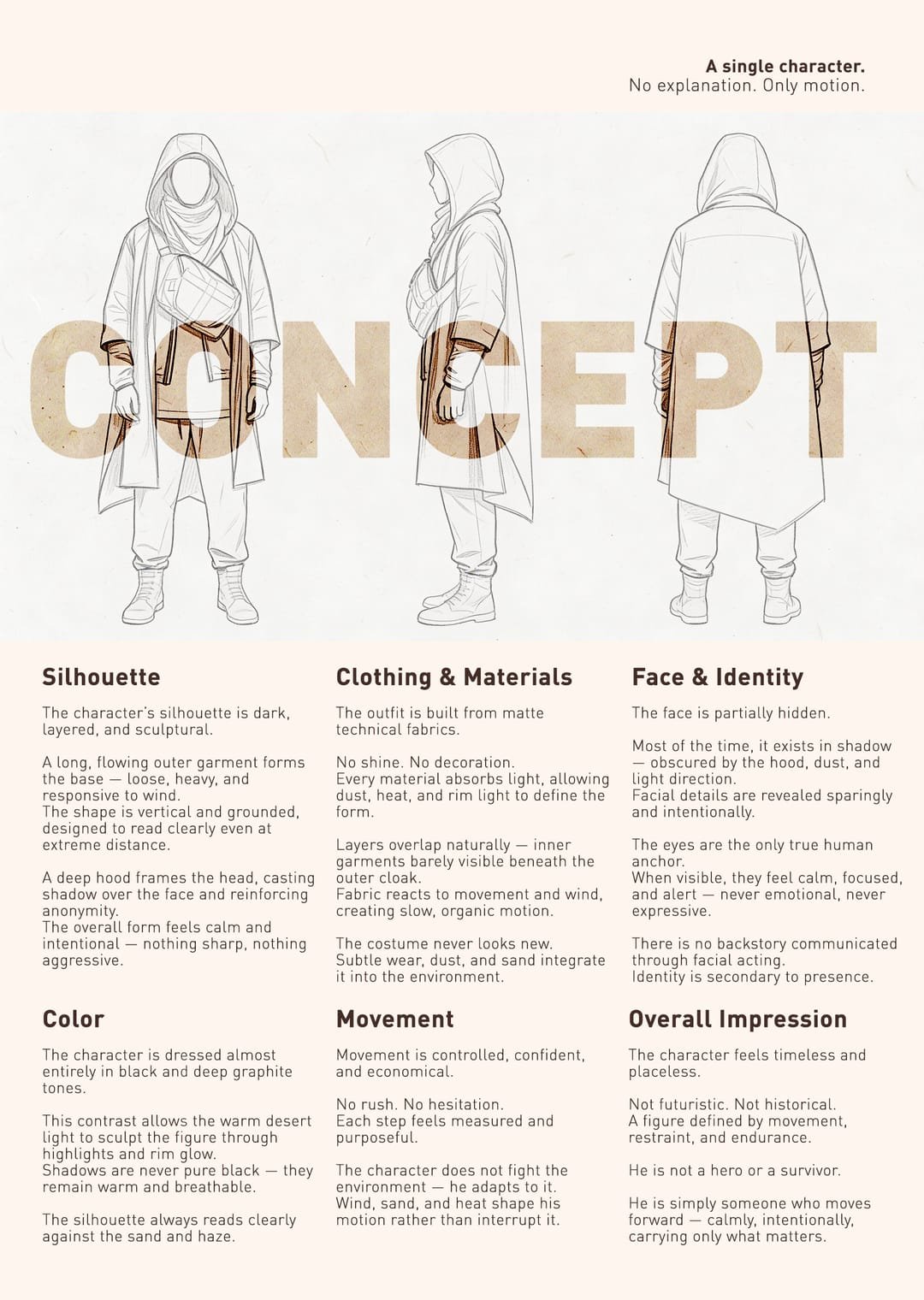Character concept sheet: silhouette, clothing and movement
