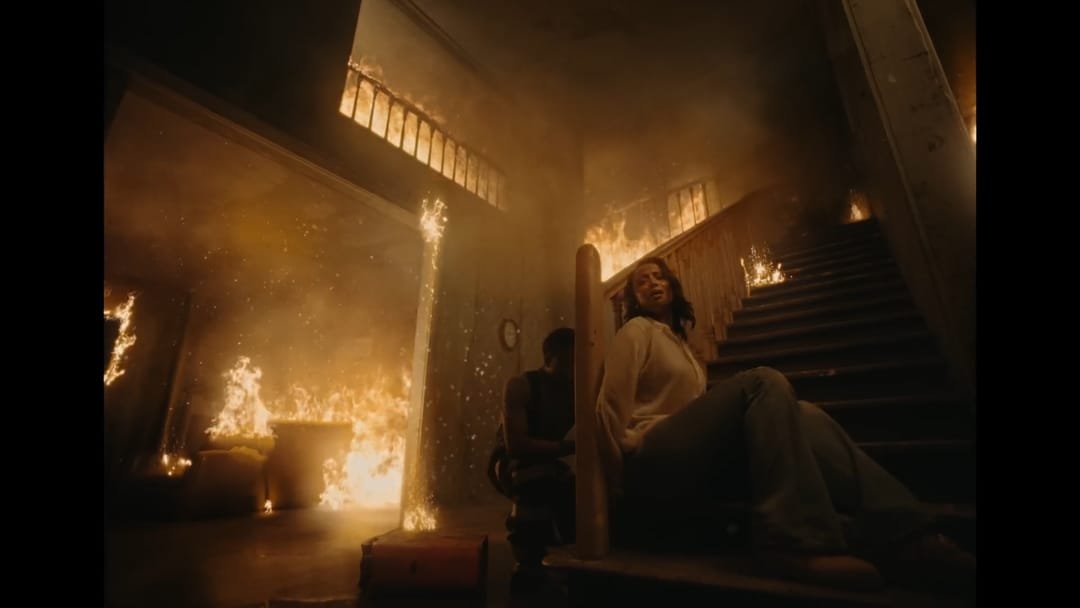 Staircase shot with composited fire
