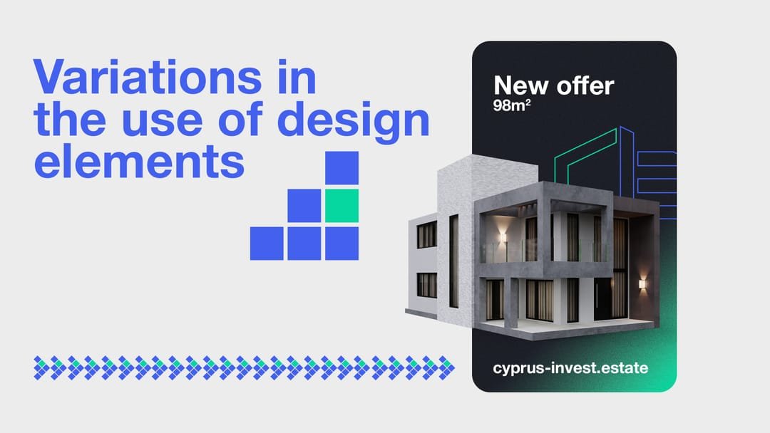 Layout with royal blue, green and the stepped graphic