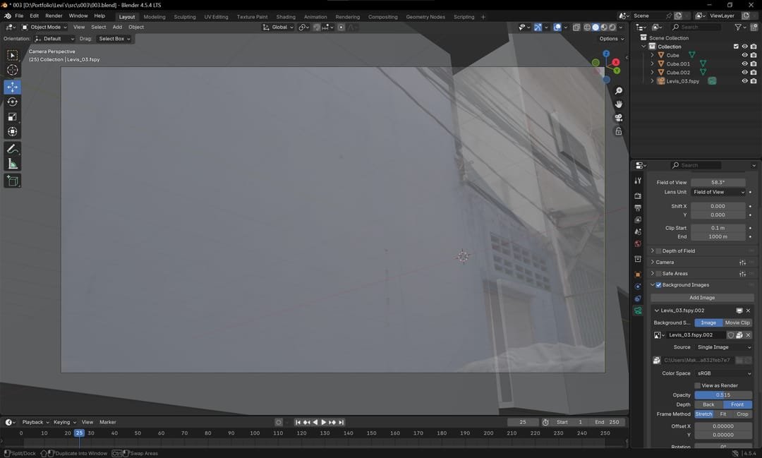 Blender layout of the alley geometry