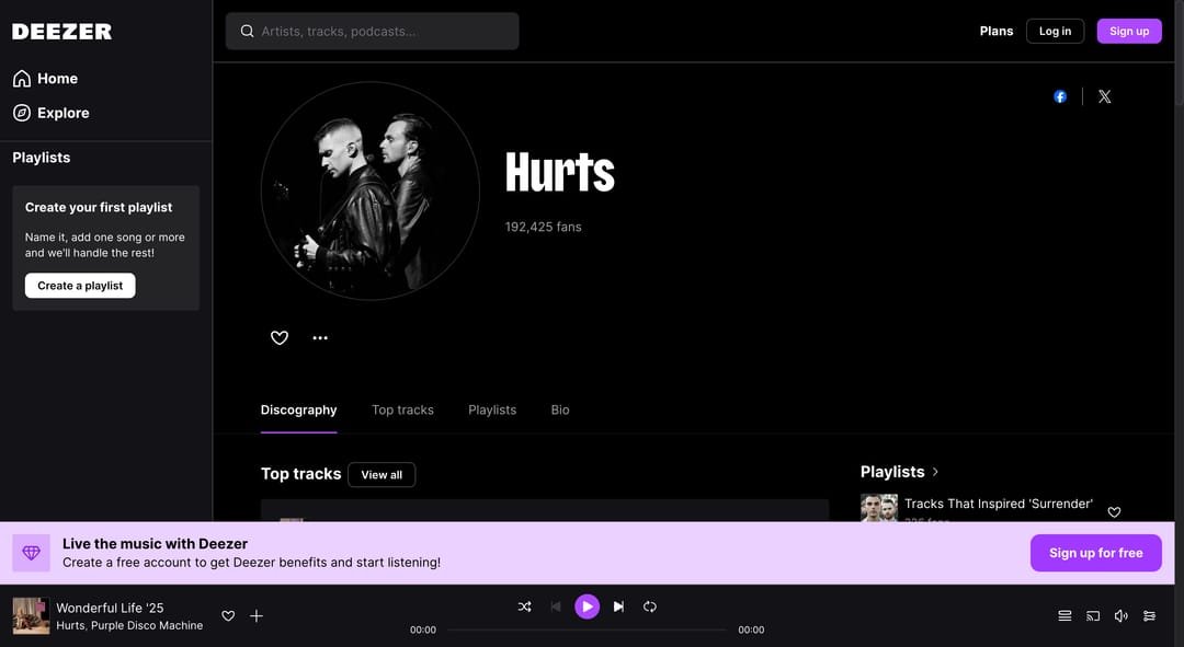 Hurts-Künstlerseite auf Deezer