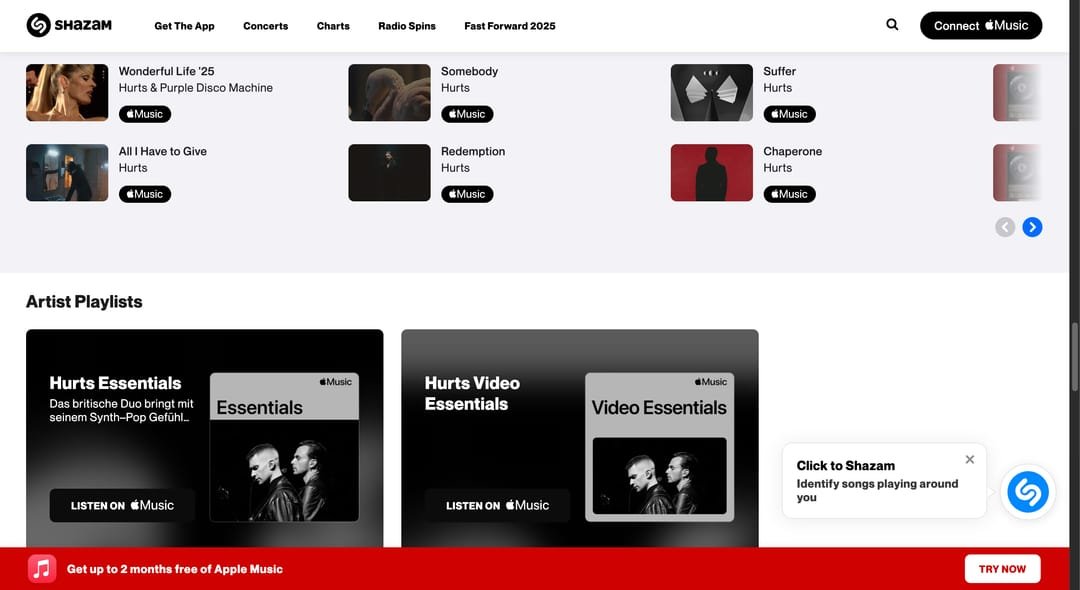 Hurts-Playlists auf Shazam