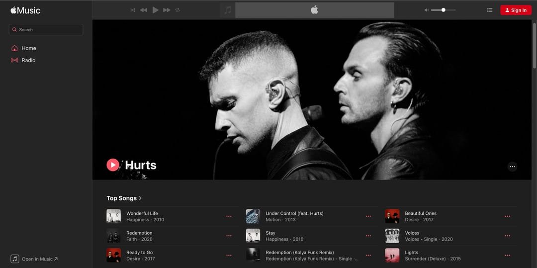 Hurts-Künstlerseite auf Apple Music
